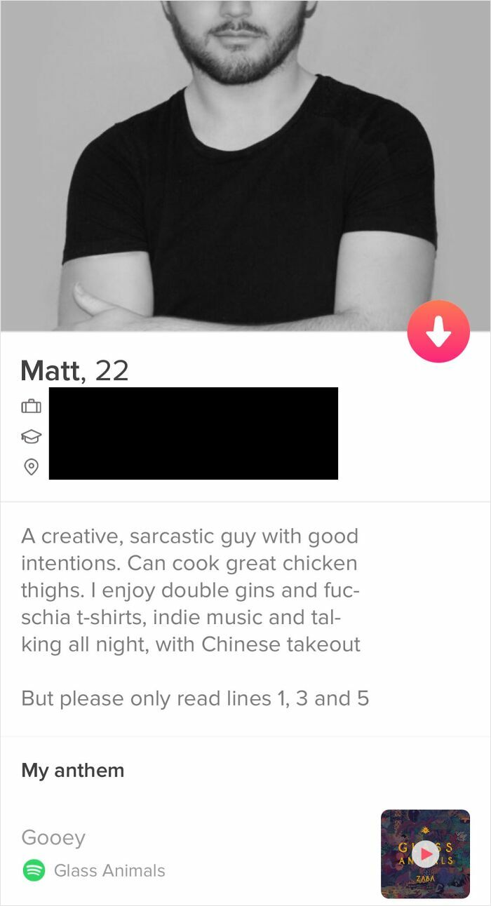 A cringe Tinder profile with a black and white picture of Matt, 22, with a humorous bio.
