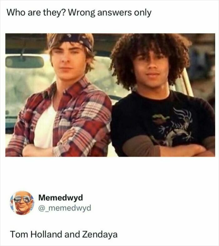 A pop culture post featuring a meme with Zac Efron and Corbin Bleu, humorously misidentified as Tom Holland and Zendaya, for good vibes.