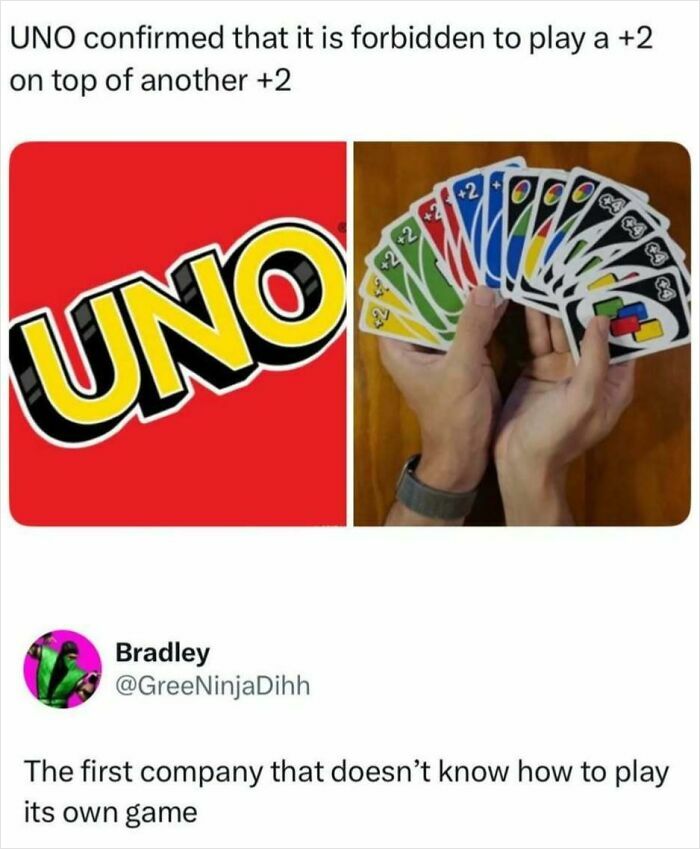 A split image of the UNO logo and a person holding UNO cards, with text about UNO game rules, a funny pop culture post.