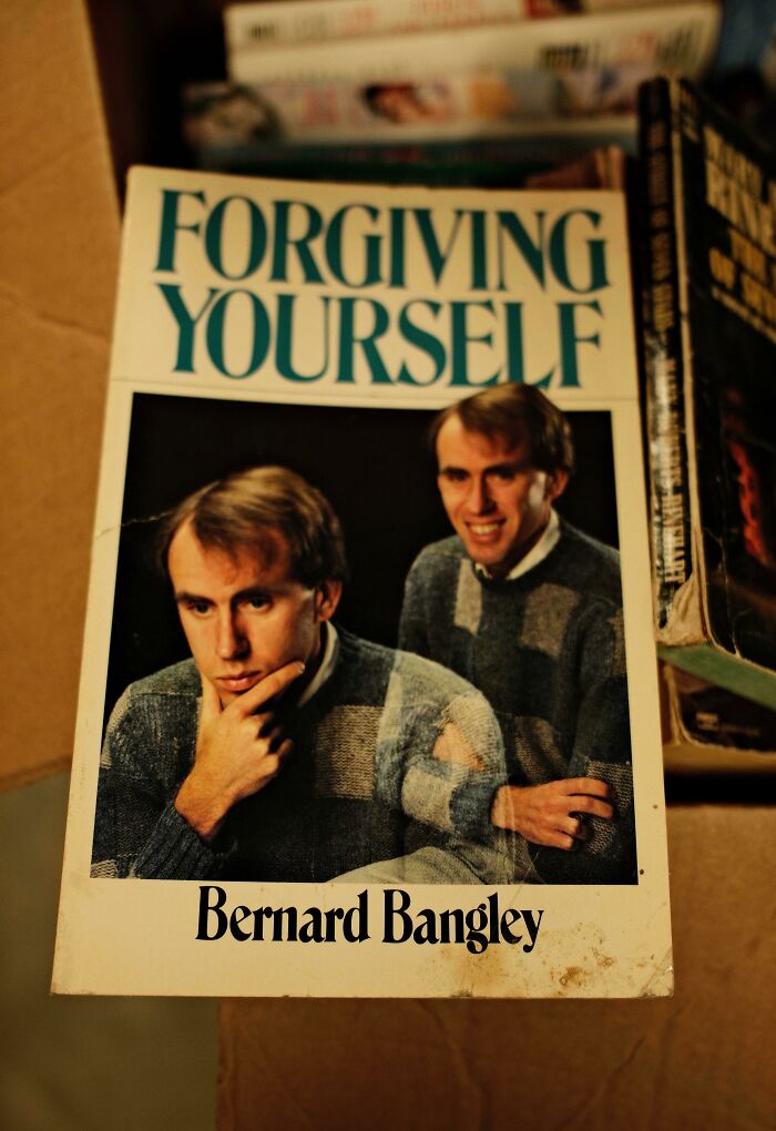 A hilariously unhinged book cover titled Forgiving Yourself by Bernard Bangley