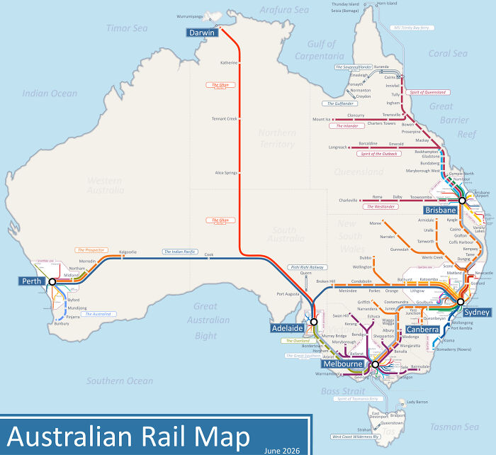A detailed Australian rail map showing major cities like Perth, Adelaide, Melbourne, Sydney, Brisbane, and Darwin. An Aussie might understand this best.