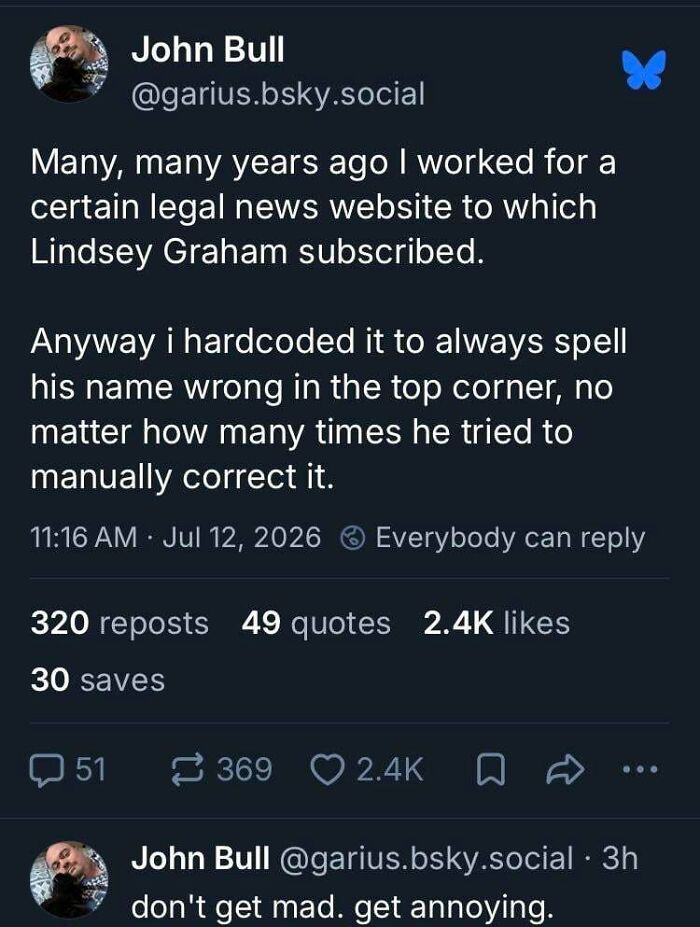Twitter post about intentionally misspelling a name, showcasing a chaotic good action.
