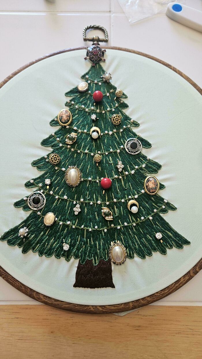 Embroidery project of a Christmas tree decorated with vintage buttons