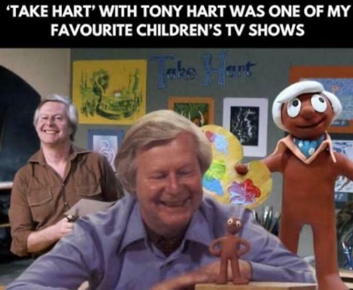 Tony Hart, host of Take Hart, a children's TV show, smiling with his clay figures, bringing back good memories of life in the 80s.