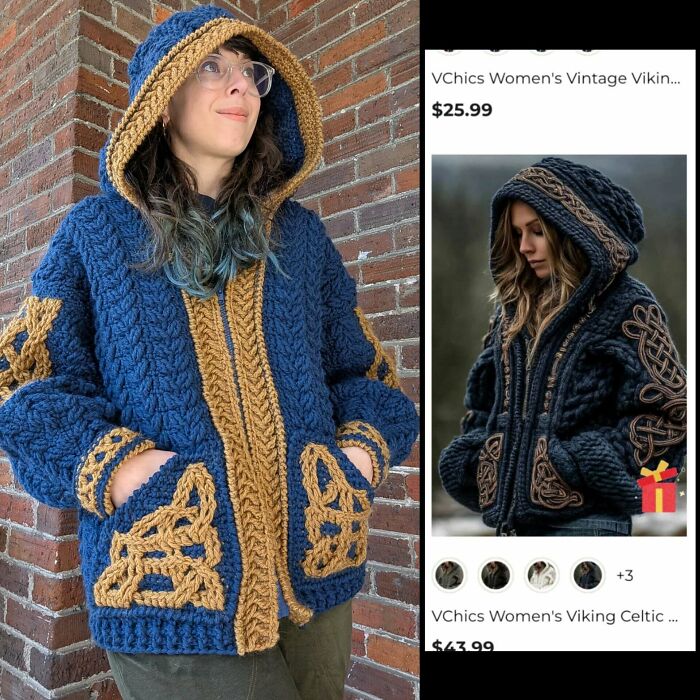 A woman wearing a blue and gold crochet hooded jacket, inspired by a Viking Celtic design, a useful DIY creation.