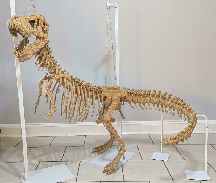 An impressive full-body crochet T-Rex skeleton, light brown, suspended as a DIY creation, showcasing intricate details.