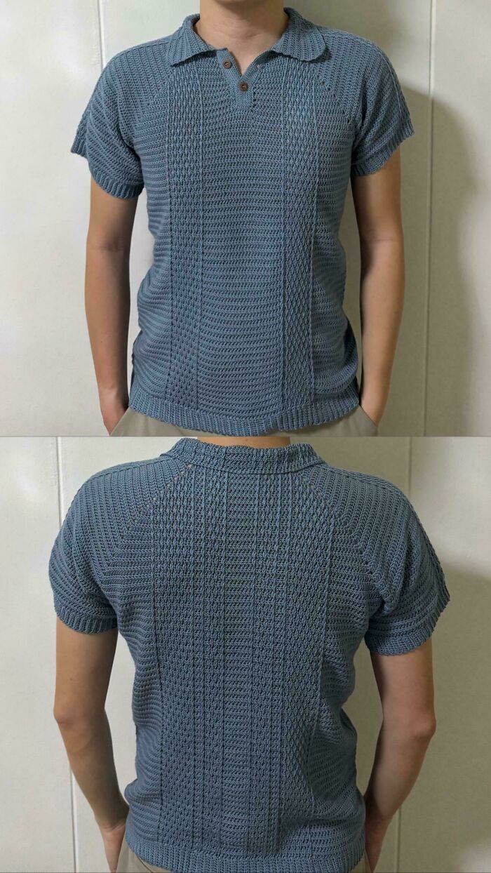 A front and back view of a person wearing a light blue DIY crochet polo shirt with short sleeves and a textured pattern.