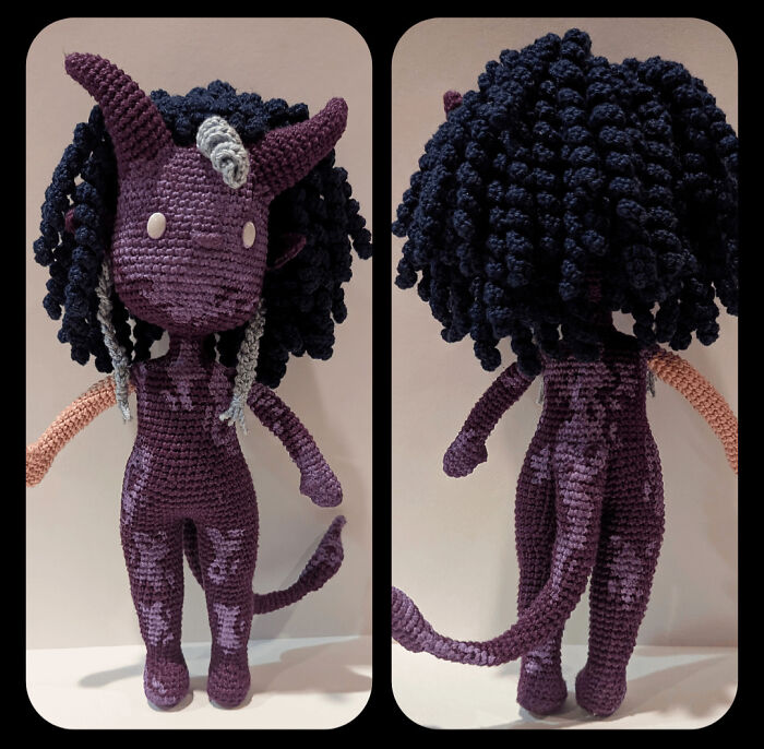 Front and back view of a purple DIY crochet doll with dark curly hair and a tail, a useful crochet creation.