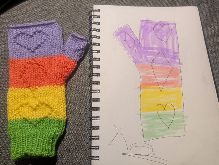 A rainbow-colored fingerless crochet glove with heart patterns, a useful DIY creation, next to its design sketch.