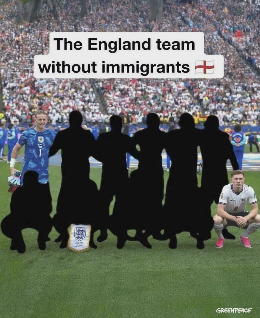 A World Cup meme showing the England team with most players as black silhouettes, highlighting immigrant contributions.