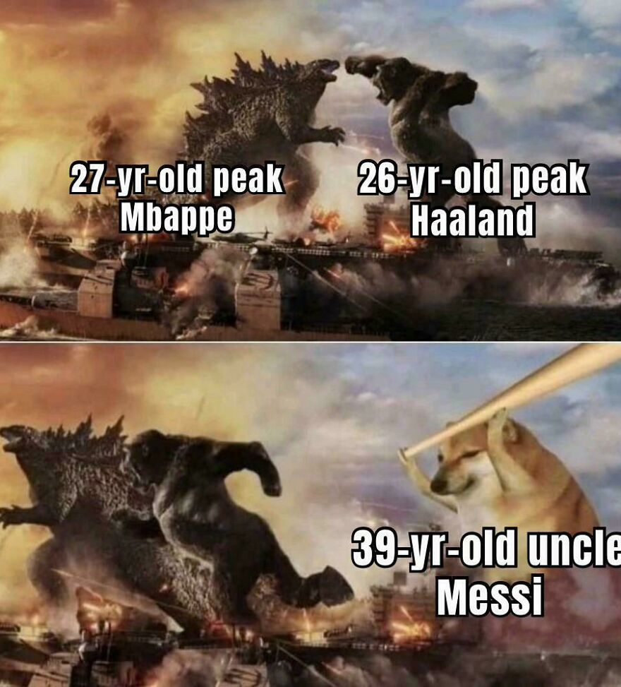 A meme comparing Mbappe and Haaland as giant monsters, with Messi as a dog hitting them, representing World Cup chaos.
