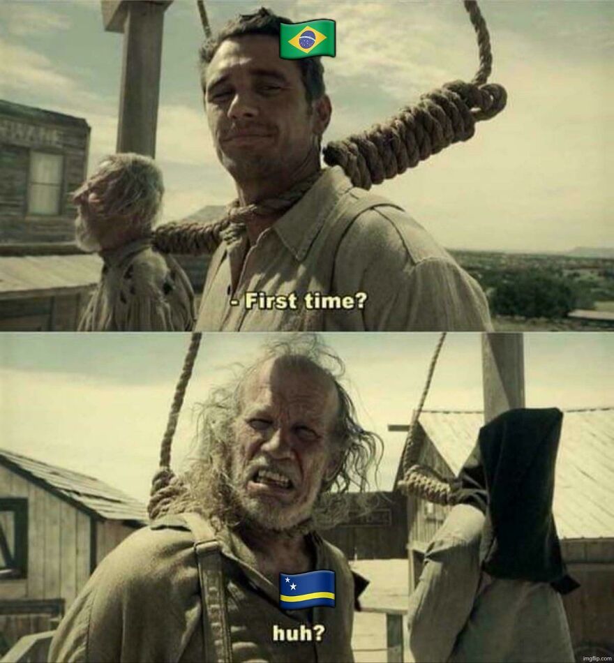 A two-panel World Cup meme of a man asking 'First time?' and another man looking confused.