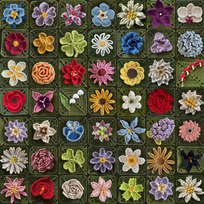 A detailed grid of colorful, useful DIY crochet flower patterns.