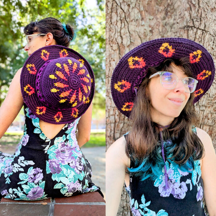 A woman models a DIY crochet hat with vibrant orange and yellow patterns, showcasing her useful creation.