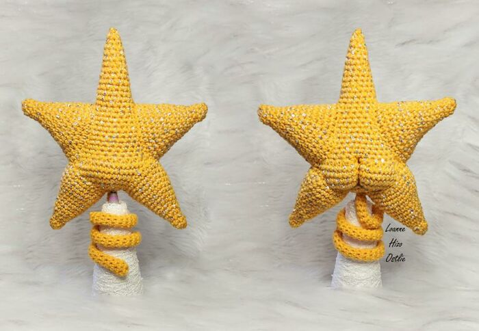 A golden crochet star with glitter details, a useful DIY creation, shown from front and back on a white fuzzy surface.