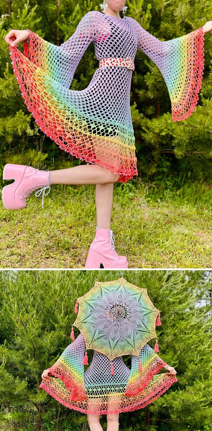 A woman poses outdoors wearing a beautiful rainbow-colored crochet dress, a useful DIY creation.