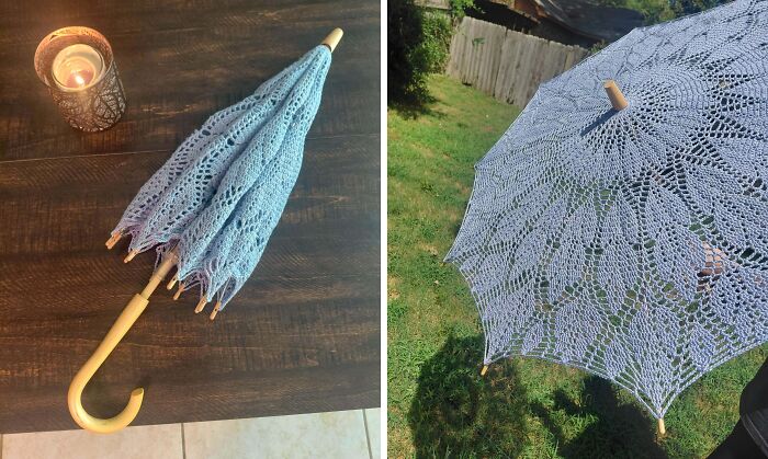 A light blue crochet umbrella, folded and open, a practical DIY creation.