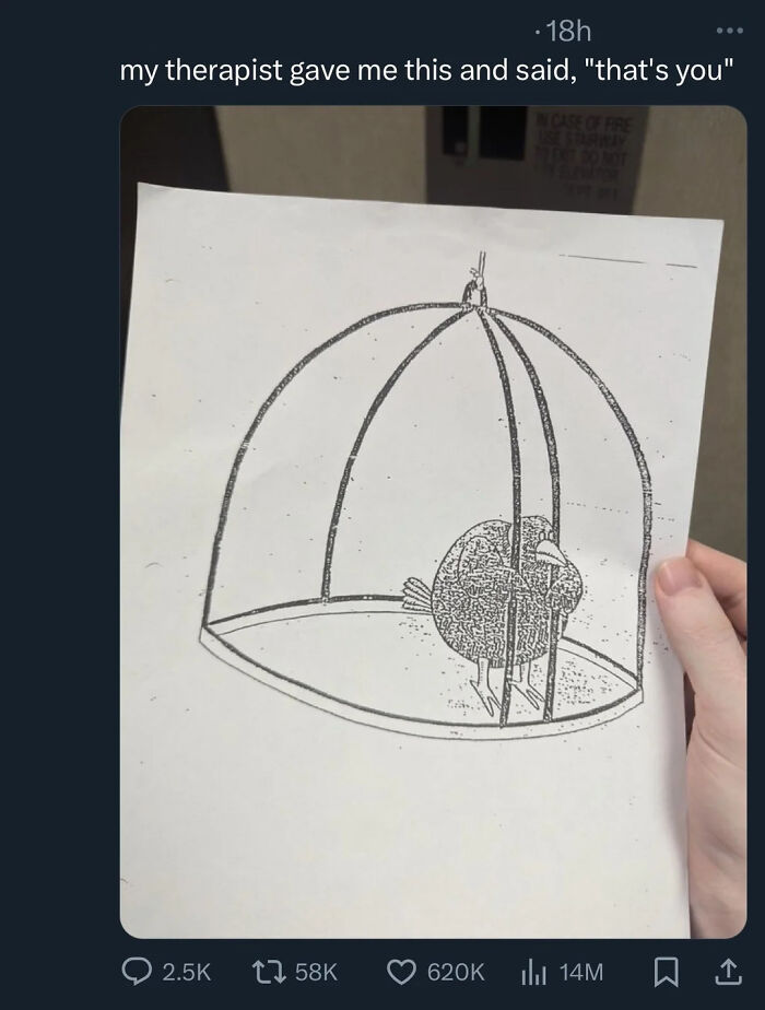 A drawing of a sad bird in an open cage held by a hand, symbolizing worst pieces of advice and feeling trapped.
