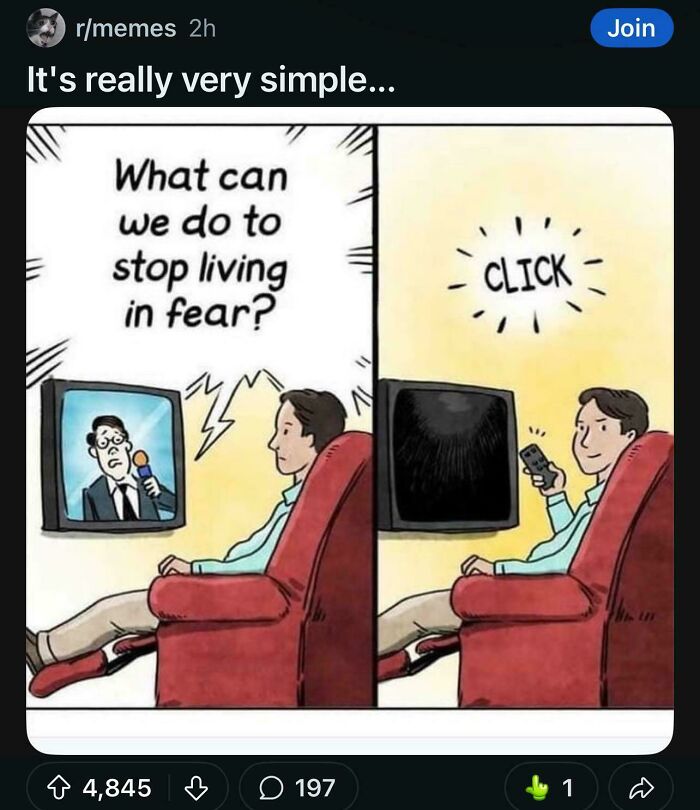 An illustration depicting a person changing the TV channel to avoid fear, illustrating bad advice for mental health.
