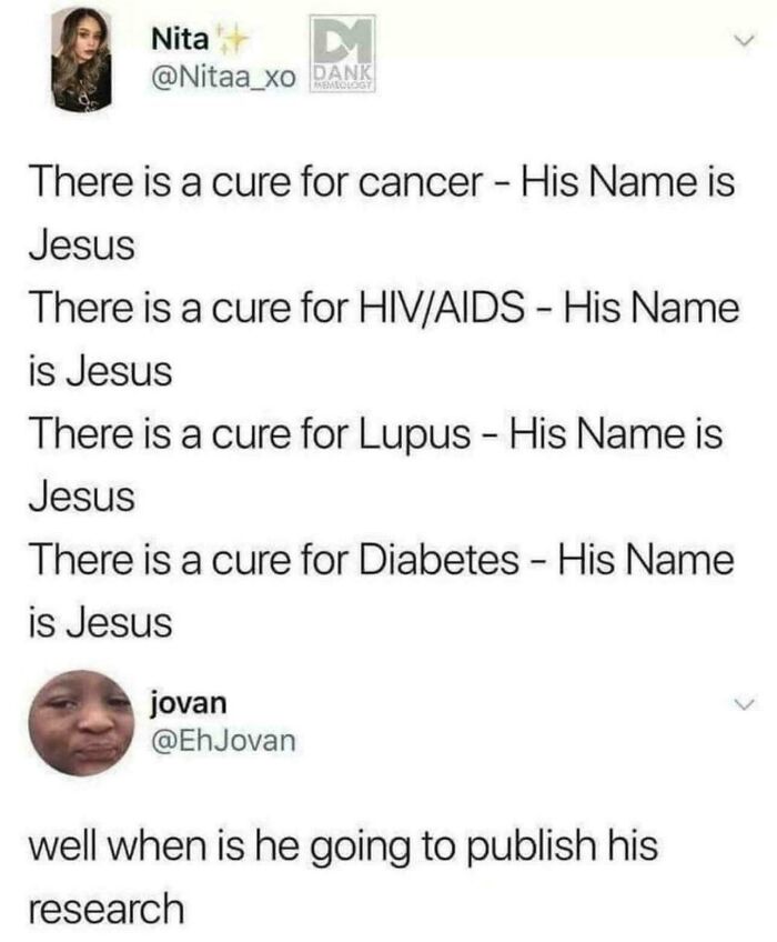 A tweet exchange with Nita offering bad advice for cures to illnesses, humorously questioned by Jovan.