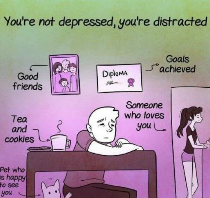 An illustration showing a sad person surrounded by good things, illustrating bad advice for depression.