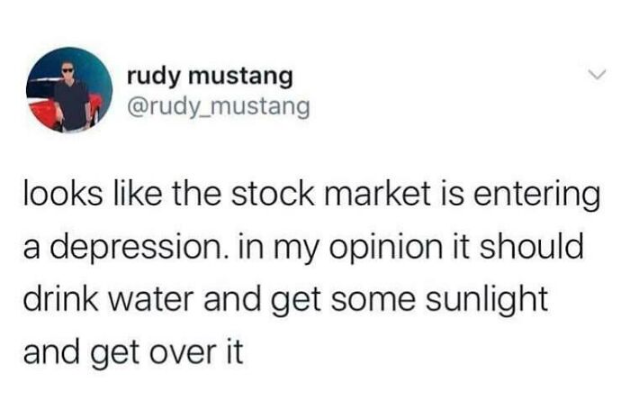 A meme with a Rudy Mustang tweet offering worst advice for the stock market entering depression.