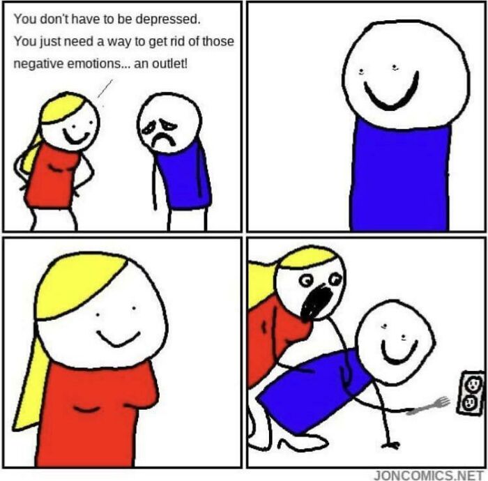 A comic strip about getting rid of negative emotions, illustrating worst pieces of advice.