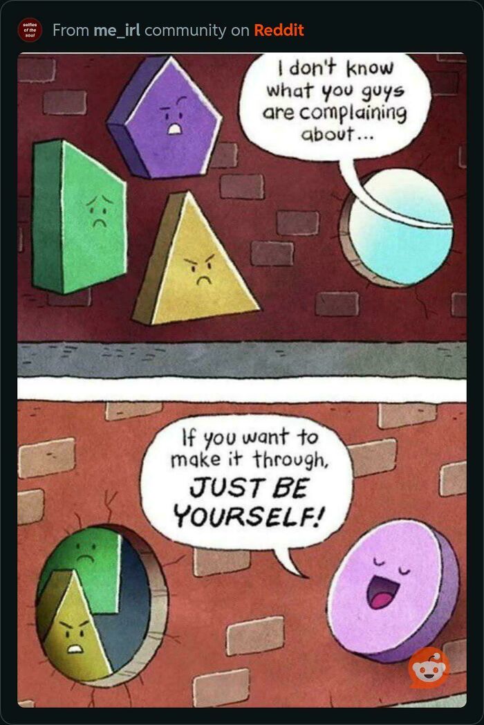 A cartoon of geometric shapes trying to fit into holes, showing bad advice in a humorous way.