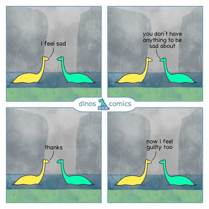A comic of two dinosaurs discussing sadness, depicting a piece of bad advice.