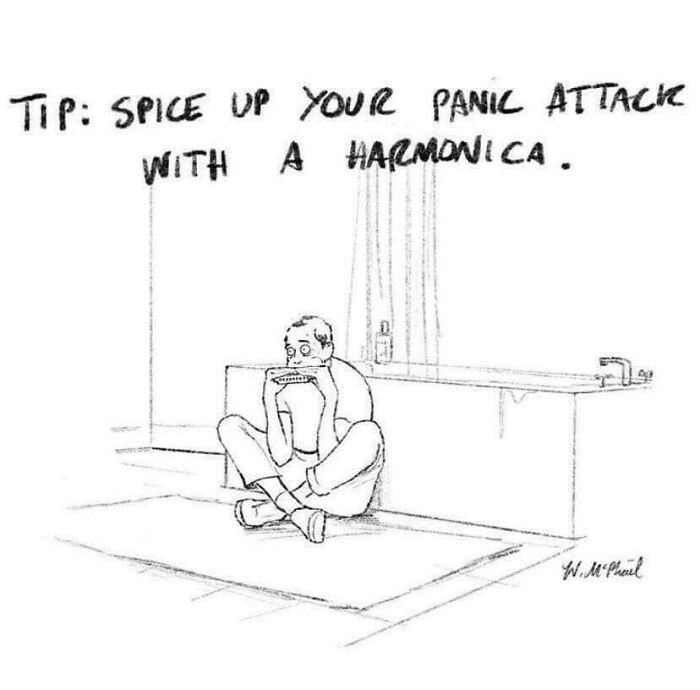 A humorous sketch of a person playing a harmonica during a panic attack, offering bad advice. This is one of the worst pieces of advice.