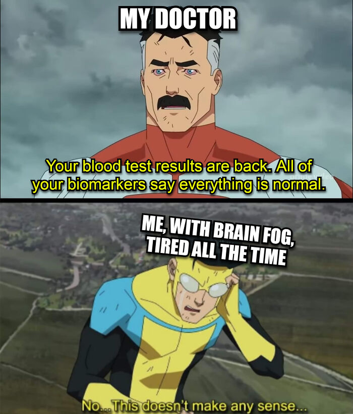 A meme with a doctor saying blood test results are normal, and a patient with brain fog reacting to the worst pieces of advice.