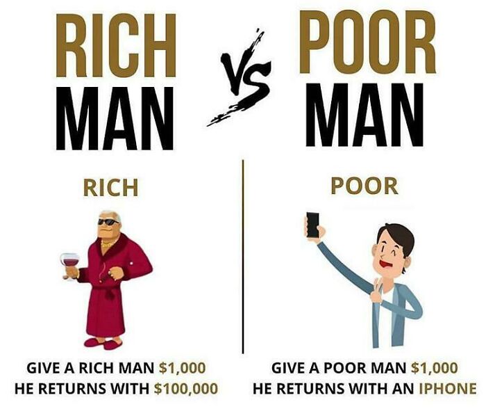 A meme comparing Rich Man vs Poor Man, depicting financial advice. This is one of the worst pieces of advice.