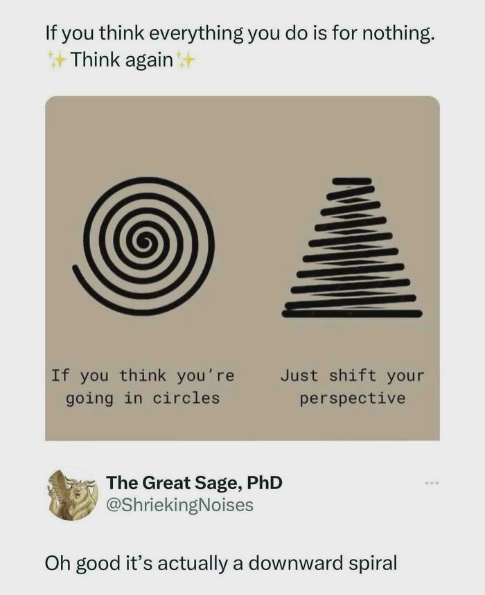 A meme displaying the worst pieces of advice about perspective, showing a spiral next to a pyramid.