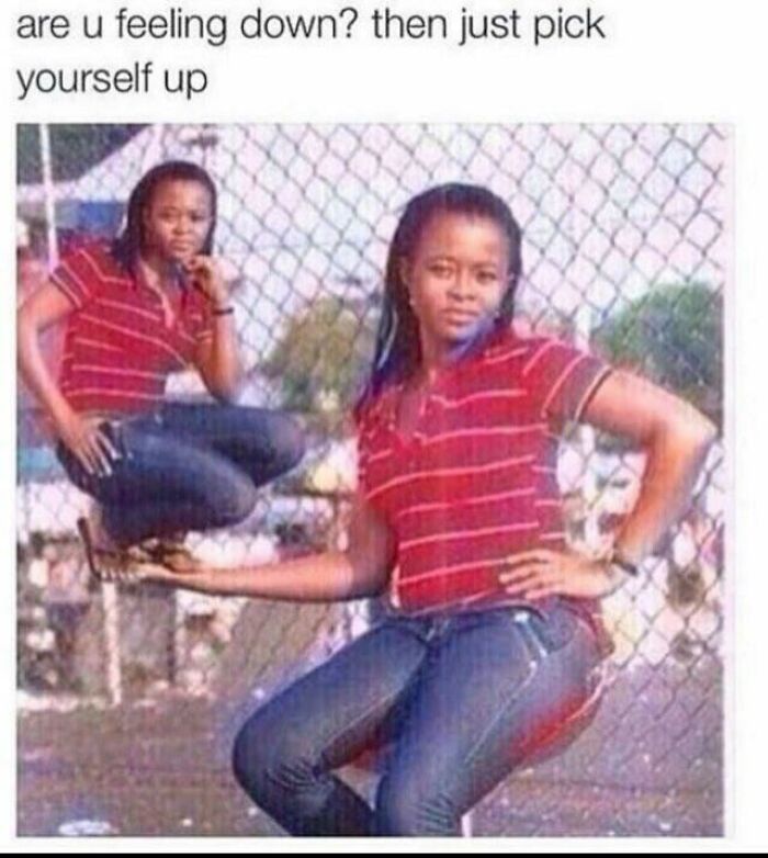 A person literally picking themselves up in a meme, illustrating the worst pieces of advice.