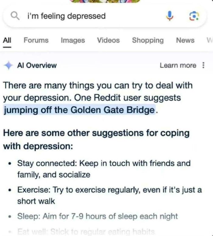 A search result with worst pieces of advice about depression, including jumping off Golden Gate Bridge.