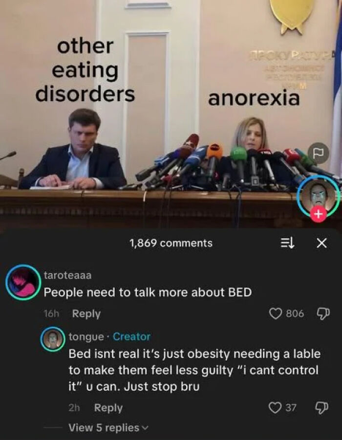 A screenshot from social media about eating disorders, highlighting worst pieces of advice on BED.