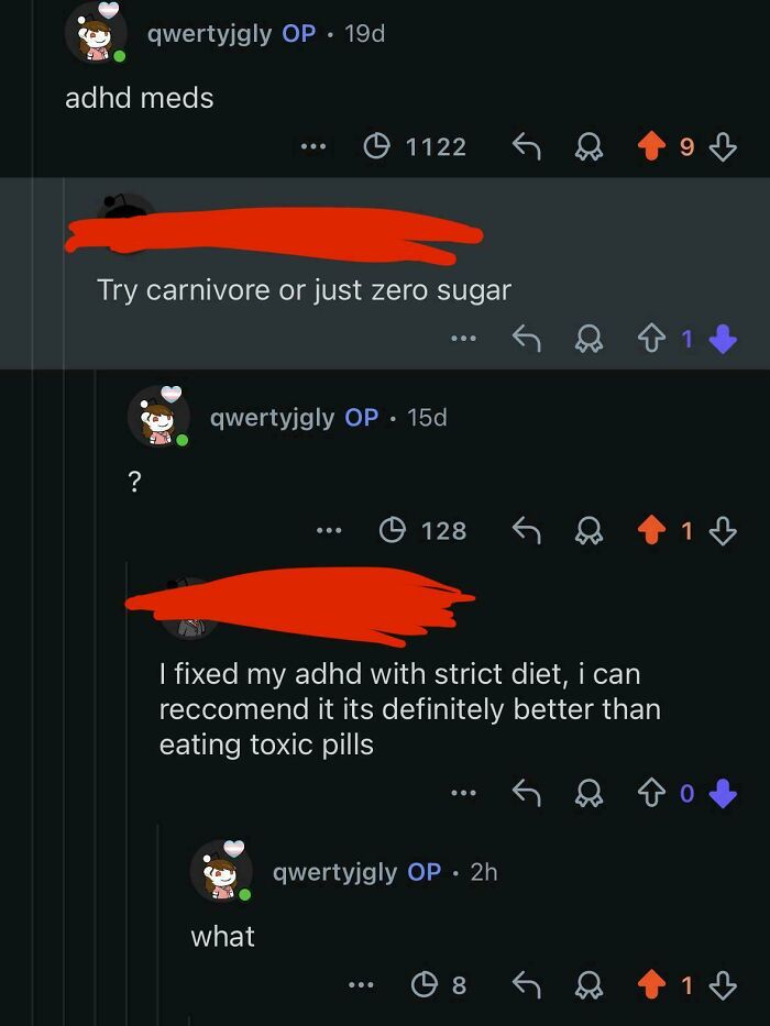 A screenshot of a Reddit conversation about worst pieces of advice for ADHD meds.