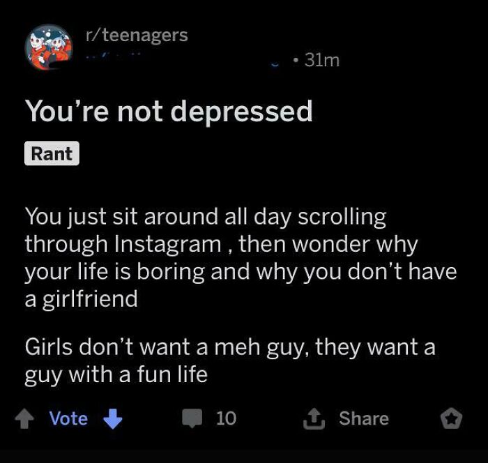 A Reddit post offering unsolicited advice, suggesting depression is caused by scrolling Instagram.