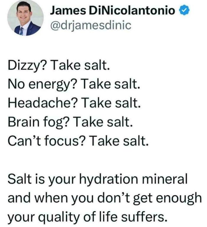 A social media post providing the worst pieces of advice about taking salt for various ailments.