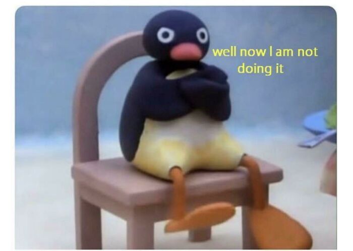 An image of an angry penguin sitting on a chair, illustrating bad advice not asked for.