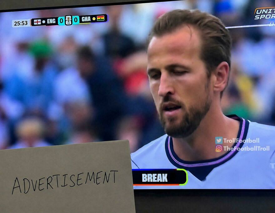 Hilarious World Cup meme of Harry Kane looking dejected during an advertisement break on TV.