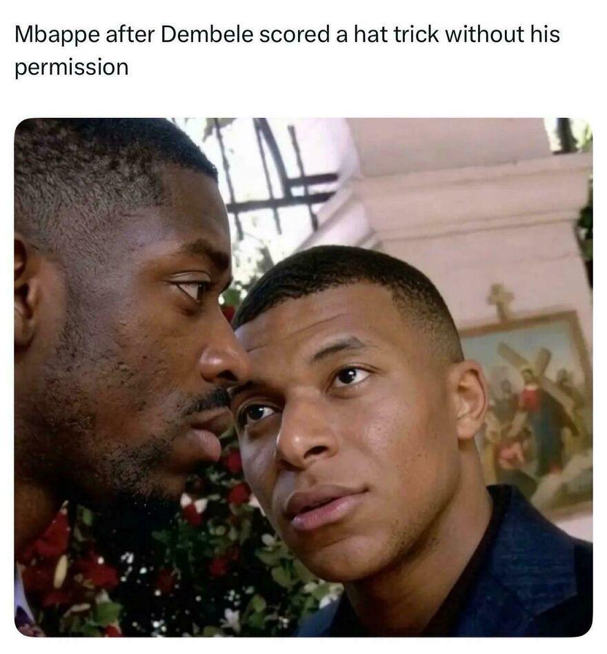 Hilarious World Cup meme showing Kylian Mbappe's intense reaction to Ousmane Dembele scoring a hat trick.