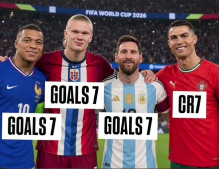 Hilarious World Cup meme featuring Mbappe, Haaland, Messi, and Ronaldo with 'GOALS 7' overlaid on them.