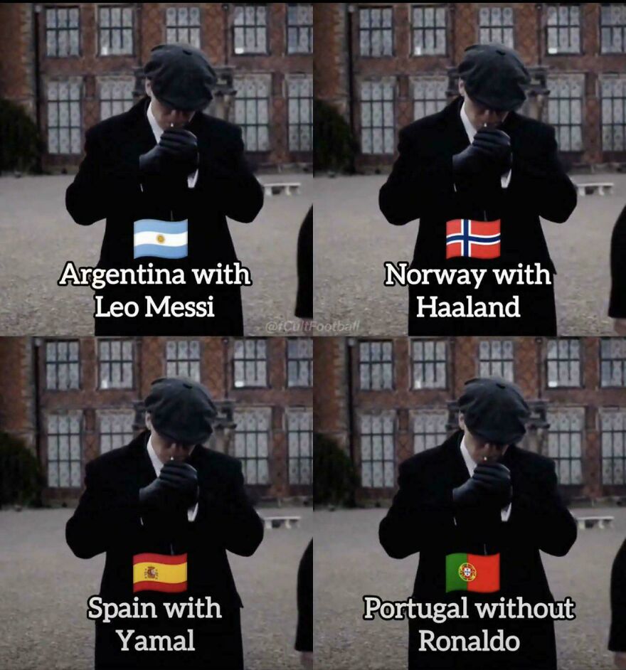 Hilarious World Cup meme depicting Peaky Blinders characters with flags for Argentina, Norway, Spain, and Portugal.