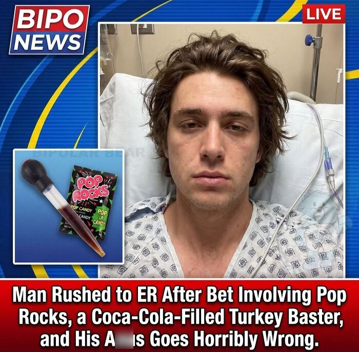 A news graphic reporting a man rushed to ER after a bet, reflecting cultural decline into idiocy.