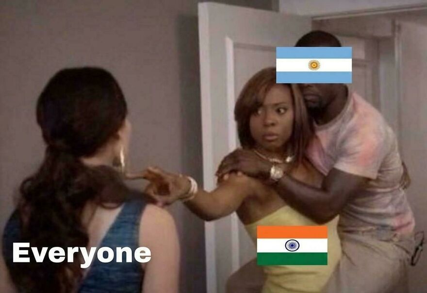 A World Cup meme featuring a humorous scene with flags of Argentina and India, representing the chaos of fan reactions.