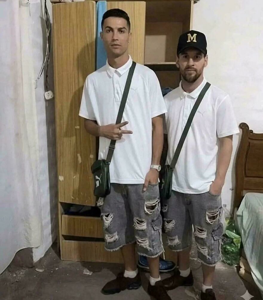 A World Cup meme with Ronaldo and Messi dressed similarly, a humorous take on football idols amidst World Cup chaos.