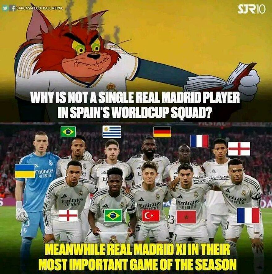 Hilarious World Cup meme featuring a cartoon cat wondering why no Real Madrid players are in Spain's World Cup squad.