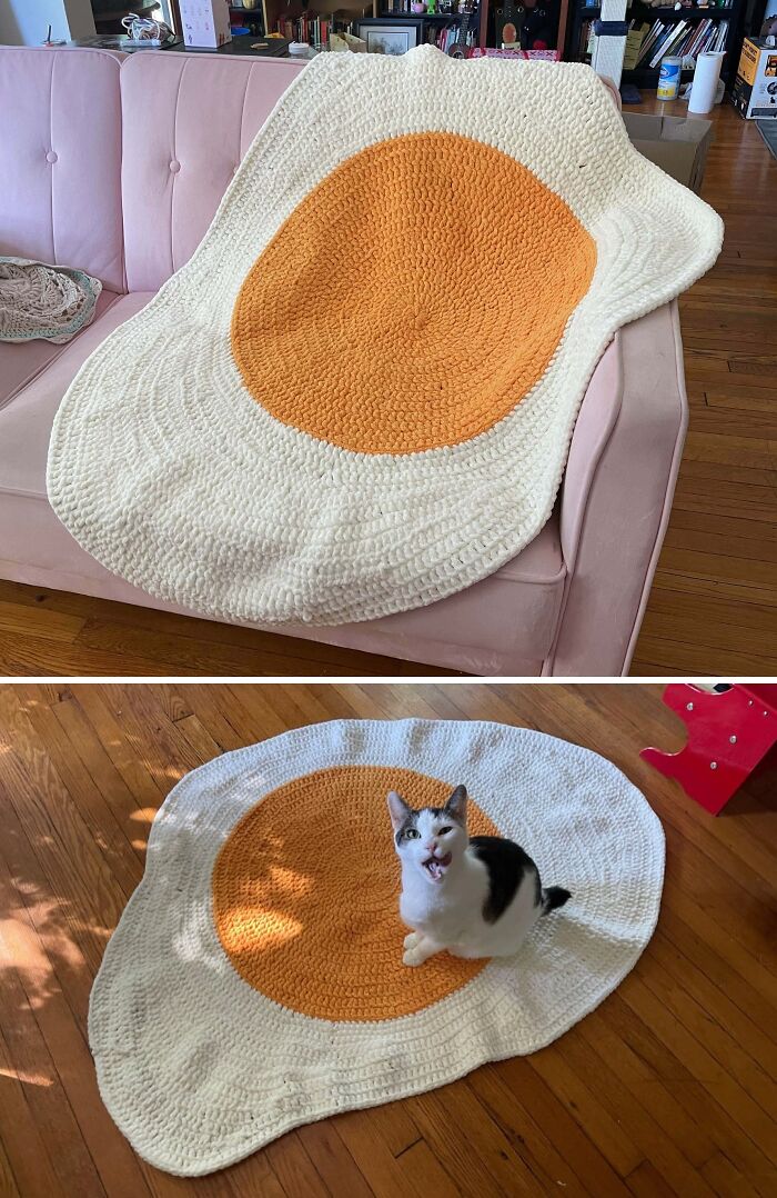 A DIY crochet creation of a fried egg shaped rug on a pink couch, then a cat on the same rug.
