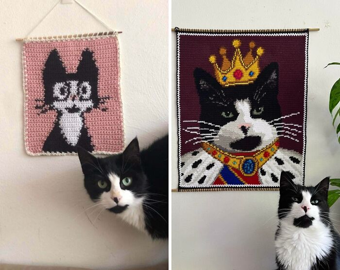 Two crochet portraits of a black and white cat, demonstrating useful DIY crochet art.